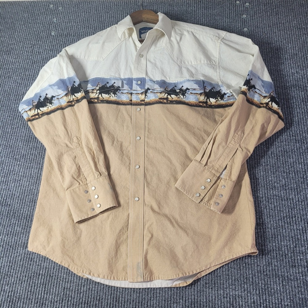 Vintage Mens‎ Wrangler Western Long Slv Pearl Snap Shirt Horse & Ranch Print Lrg